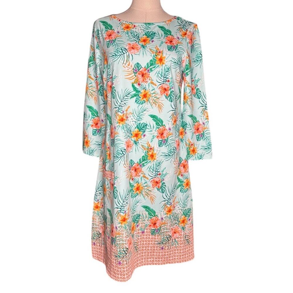 CABANA‎ LIFE Cayman Print 3/4 Sleeve UPF 50 Shift Dress Size M Swim Cover Beach